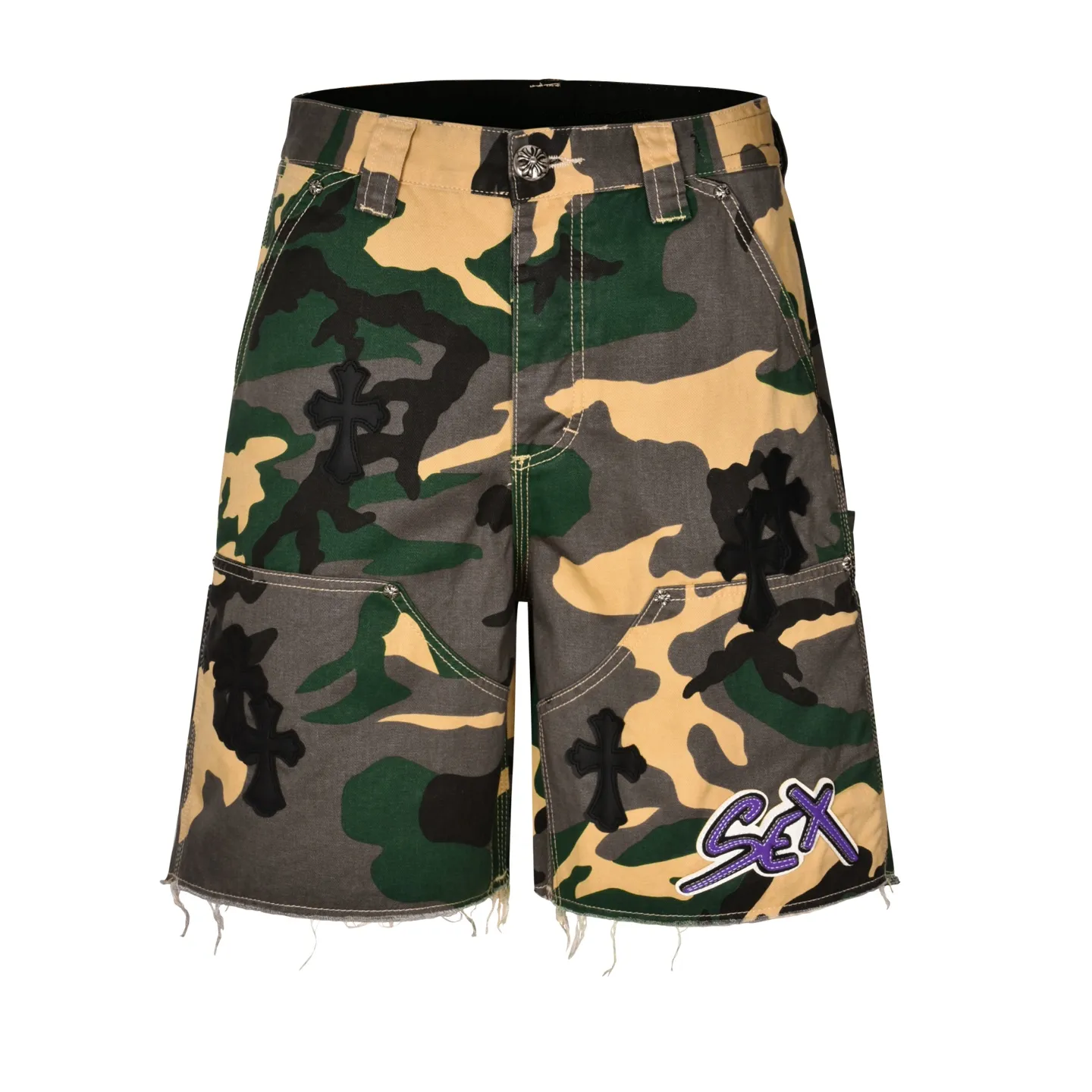 🅿️560 [Exclusive supply] CH Crouching leather camouflage shorts (green) Purchased and developed by a Los Angeles agent for US$2,980. This style is made of customized military canvas fabric, restored 1:1 according to the original model, and printed with camouflage patterns. The customization period for the hem sex pattern stamp is 20 days, the minimum order is 1800 pieces, and the color plate is matched. The hardware buckles are all made of electroplated 925 silver material, the weight is perfectly restored, and they are aged and oxidized to black. Size:S-M-L-XL